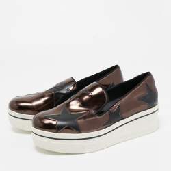 Pre Owned Stella McCartney Metallic Brown/Black Faux Leather Binx Star Platform Slip On Sneakers Size 37