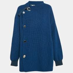 Stella McCartney Blue Rib Knit Asymmetrical Button Oversized Sweater M
