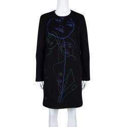 Stella McCartney Black Wool Embroiderd Faces Long Sleeve Melton Shift Dress S
