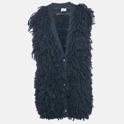 Stella McCartney Navy Blue Wool Fringed Sleeveless Cardigan S