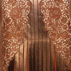 Pre Owned Stella McCartney Metallic Brown Crepe Pleated and Lace Midi Skirt S