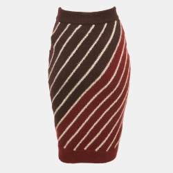 Pre Owned Stella McCartney Burgundy /Red Chevron Patterned Wool Blend Midi Skirt XS