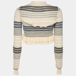 Pre Owned Stella McCartney Cream/Blue Striped Rib Knit Cropped Striped Frill Jumper S