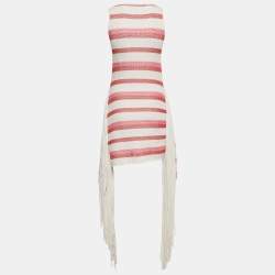Pre Owned Stella McCartney White/Pink Open Striped Knit Fringe Detail Dress M