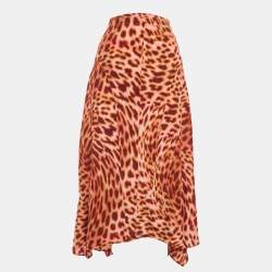 Pre Owned Stella McCartney Brown Leopard Print Silk Asymmetric Midi Skirt M