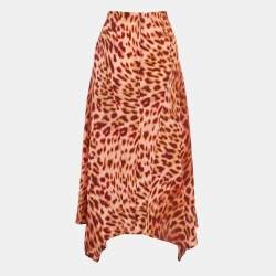 Pre Owned Stella McCartney Brown Leopard Print Silk Asymmetric Midi Skirt M