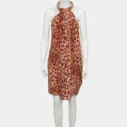 Pre Owned Stella McCartney Pink/Brown Leopard Print Silk Draped Dress M