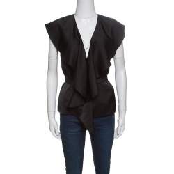 Pre Owned Stella McCartney Black Satin Ruffled Neck Waist Tie Detail Sleeveless Top S