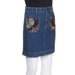Pre Owned Stella McCartney Indigo Denim Floral Jacquard Trim Studded Mini Skirt S