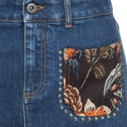 Pre Owned Stella McCartney Indigo Denim Floral Jacquard Trim Studded Mini Skirt S