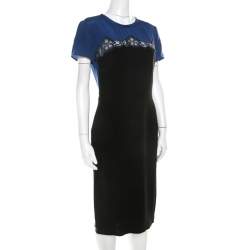 Pre Owned Stella McCartney Black and Blue Stretch Crepe Lace Detail Shift Dress M