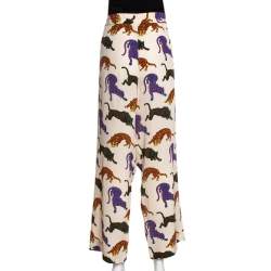 Pre Owned  Stella McCartney Cream Wild Cat Printed Silk Elasticized Waist Christine Pants M