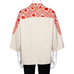 Pre Owned Stella McCartney Orange Hearts Print Silk & Linen Paneled Blouse L