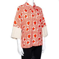 Pre Owned Stella McCartney Orange Hearts Print Silk & Linen Paneled Blouse L