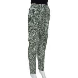 Pre Owned Stella McCartney Green & White Printed Silk Elastic Waist Trousers S