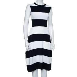 Pre Owned Stella McCartney Navy Blue & White Striped Knit Structured Midi Dress M