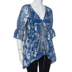 Pre Owned Stella McCartney Blue Floral Lamé Asymmetrical Hem Top M