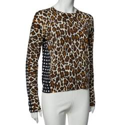 Stella McCartney White Leopard And Check Print Wool Long Sleeve Sweater M