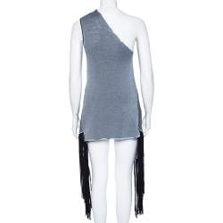 Pre Owned Stella McCartney Blue-Black Knit One Shoulder Asymmetric Fringed Top M