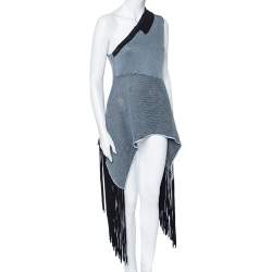 Pre Owned Stella McCartney Blue-Black Knit One Shoulder Asymmetric Fringed Top M