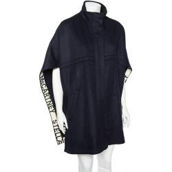 Pre Owned Stella McCartney Navy Blue Wool Logo Trim Detailed Zip Front Cape S