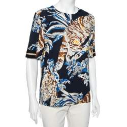 Pre Owned Stella McCartney Navy Blue Stretch Crepe Cat Print Blouse S