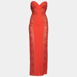 Pre Owned فستان ستيلا مكارتني كريب أحمر مطرز دانتيل مفتوح بلا حمالات طويل مقاس صغير ( سمول )