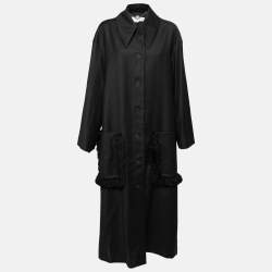 Pre Owned Stella McCartney Black Wool Fringe Trim Pockets Long Coat L