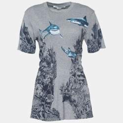 Pre Owned Stella McCartney Grey Shark Print Melange Cotton Crew Neck T-Shirt M
