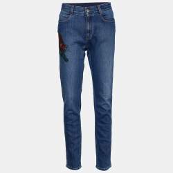 Pre Owned Stella McCartney Navy Blue Wild Cat Embroidered Tapered Jeans M