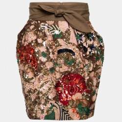 Pre Owned Stella McCartney Brown Sequin Embellished Silk Tie Detail Mini Skirt S