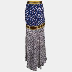Pre Owned Stella McCartney Blue Floral Printed Contrast Tone Maxi Skirt M
