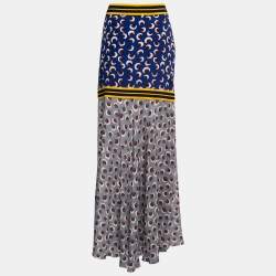 Pre Owned Stella McCartney Blue Floral Printed Contrast Tone Maxi Skirt M