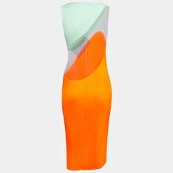 Pre Owned Stella McCartney Orange Plisse Satin Paneled Midi Dress S