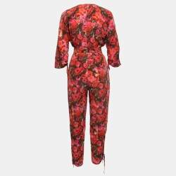 Pre Owned Stella McCartney Red Floral Printed Chiffon Silk Belted Jumpsuit S