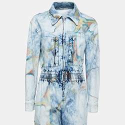 Pre Owned Stella McCartney Blue Marble Print Washed Denim Pocket Detailed  Jumpsuit S
