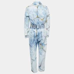 Pre Owned Stella McCartney Blue Marble Print Washed Denim Pocket Detailed  Jumpsuit S
