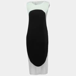 مملوكة مسبقًا Stella McCartney Black/Mint Blue Color Block Plisse Satin Midi Dress S
