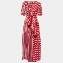 Pre Owned Stella McCartney Red Geometric Print Silk Ruffled Maxi Dress S