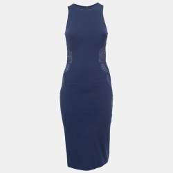 Pre Owned Stella McCartney Navy Blue Jersey Lace Applique Sleeveless Sheath Dress S