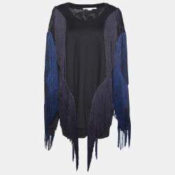 Stella McCartney Black Cotton Knit Fringed Sweater Mini Dress L