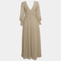 Pre Owned Stella McCartney Cream Carleigh Shirred Silk-Georgette Maxi Dress S