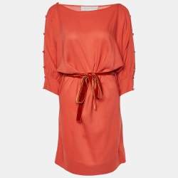 Stella McCartney Orange Silk & Wool Buttoned Sleeve Belted Dress XS