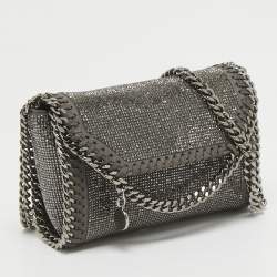 Pre Owned Stella McCartney Grey Faux Suede Micro Falabella Crystals Flap Crossbody Bag