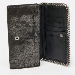 Stella McCartney Black Shimmer Faux Suede Falabella Continental Wallet