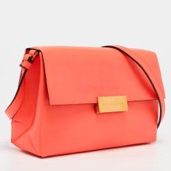 Pre Owned Stella McCartney Neon Orange Faux Leather Metal Flap Crossbody Bag