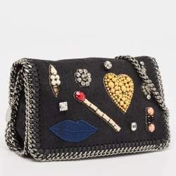 Pre Owned Stella McCartney Black Faux Suede Embellished Falabella Flap Crossbody Bag
