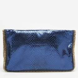 Stella McCartney Metallic Blue Python Effect Faux Leather Falabella Fold Over Clutch
