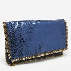 Stella McCartney Metallic Blue Python Effect Faux Leather Falabella Fold Over Clutch