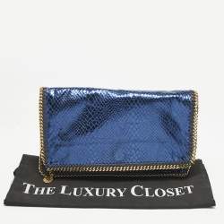 Stella McCartney Metallic Blue Python Effect Faux Leather Falabella Fold Over Clutch